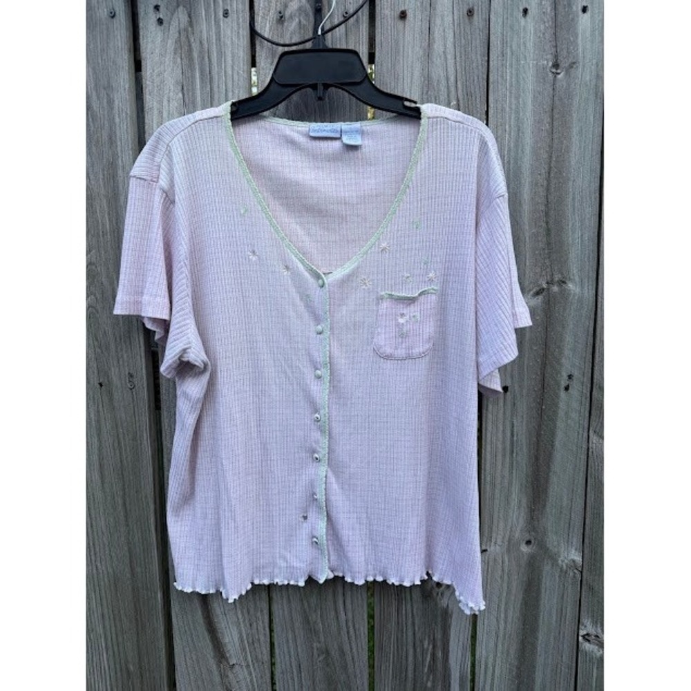 Cottagecore Coquette Premier Intimates Pajama Top L Pink Floral Ribbed Button Up
